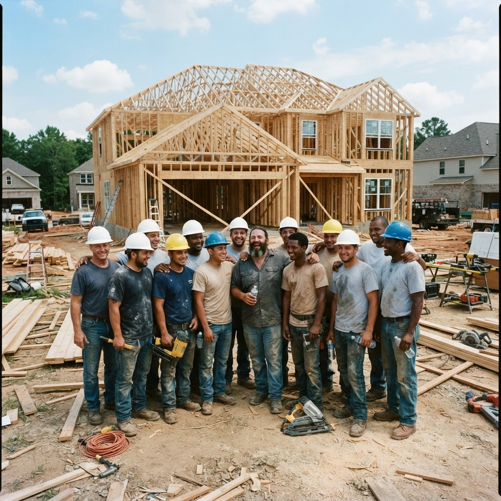 The Lally Framing crew standing together on a jobsite in front of a framed house