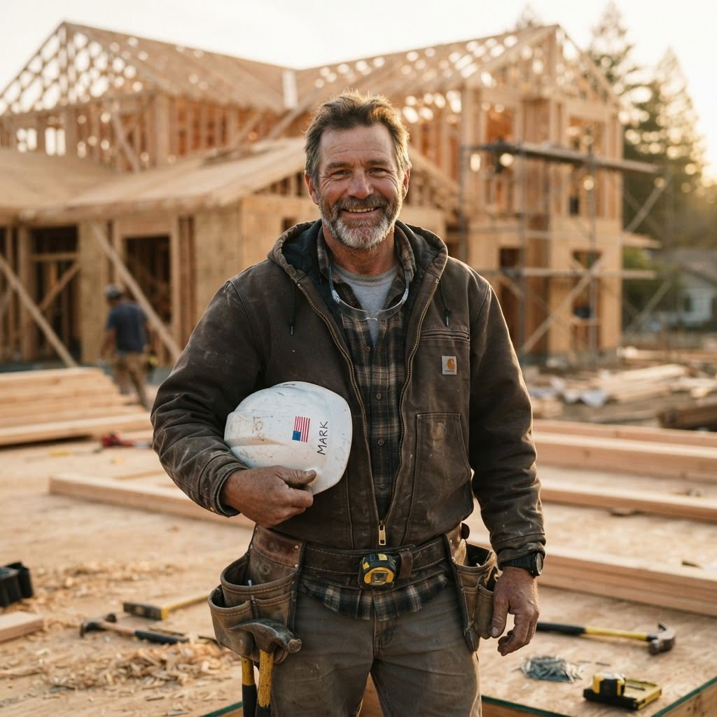 The lead framer at Lally Framing on a jobsite, holding a hard hat